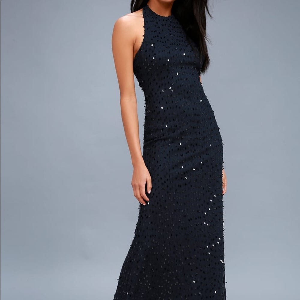 Cielo Navy Blue Sequin Halter Maxi Dress